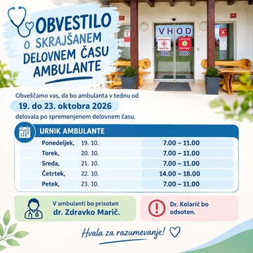 Obvestilo o skrajšanem delovnem času ambulante Razkrižje oktober 2026